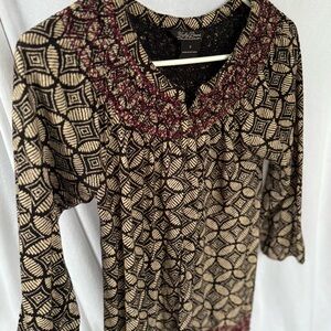 Lucky Brand Boho Geometric Smocked V-Neck 3/4 Sleeve Peasant Top Size S